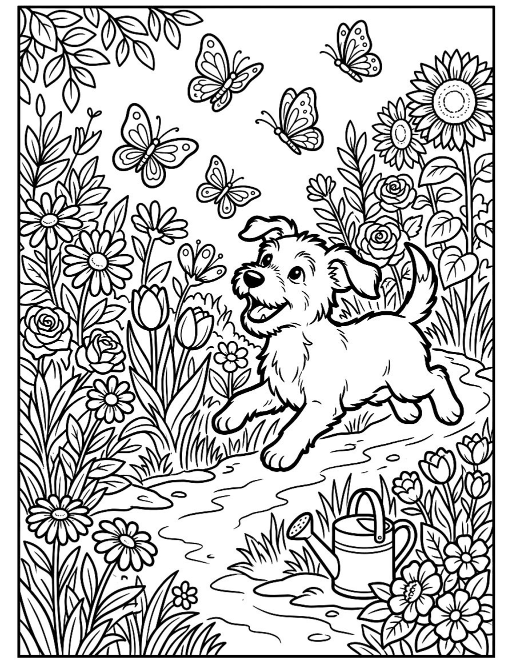 Playful puppy in a flower garden coloring page for kids