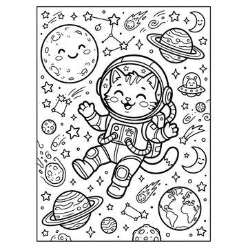 Astronaut cat floating in space coloring page for kids