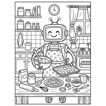 Cozy robot baking cookies coloring page for kids