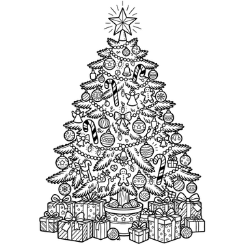 Decorated Christmas tree coloring page for kids