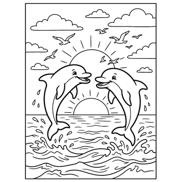 Dolphins leaping at sunset coloring page for kids