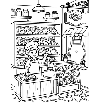Donut shop coloring page for kids