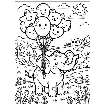 Elephant with balloons coloring page for kids