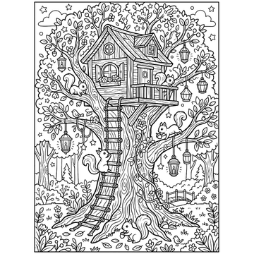 Enchanted tree house coloring page for kids