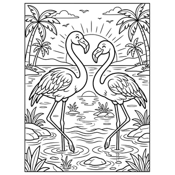 Flamingos in a lagoon coloring page for kids