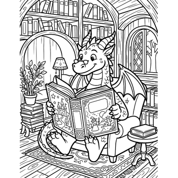 Friendly dragon reading a book coloring page for kids