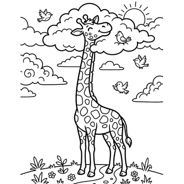 Giraffe reaching for clouds coloring page for kids