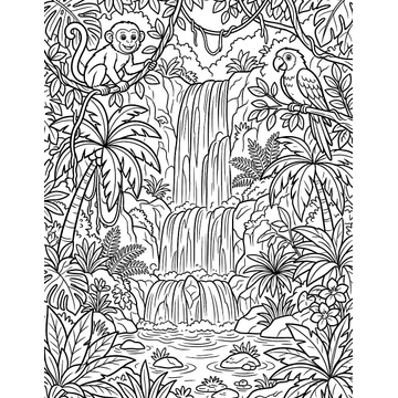 Jungle waterfall coloring page for kids