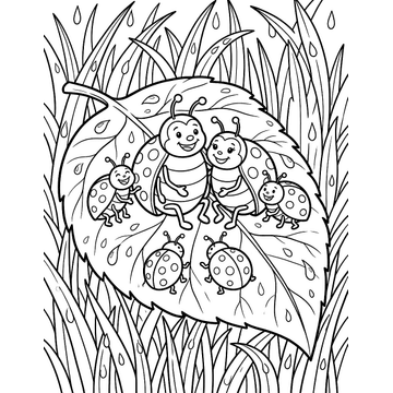 Ladybug family on a leaf coloring page for kids