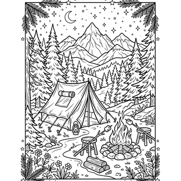 Mountain campsite coloring page for kids