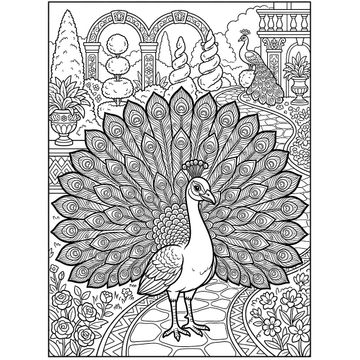 Peacock showing its feathers coloring page for kids