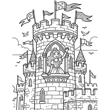 Princess at the castle window coloring page for kids