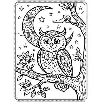 Wise owl under the moon coloring page for kids