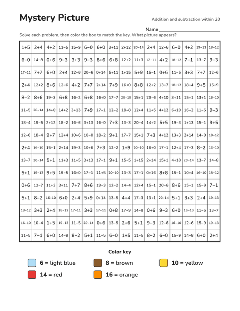 Addition and subtraction within 20 color-by-number worksheet that reveals a autumn leaf