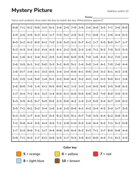 Addition within 10 color-by-number worksheet that reveals a autumn leaf