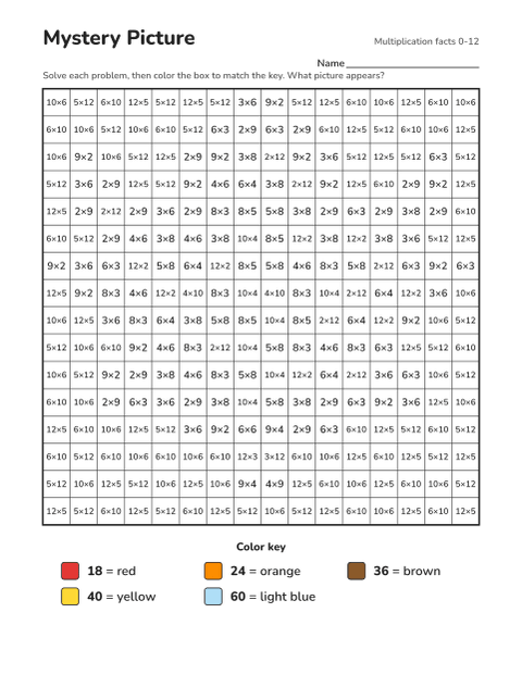 Multiplication facts 0-12 color-by-number worksheet that reveals a autumn leaf