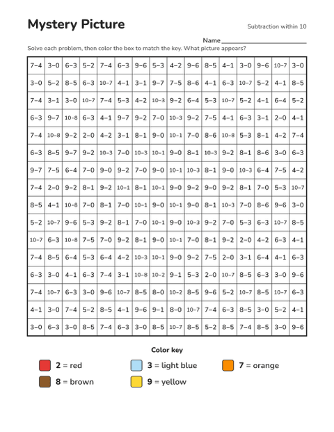 Subtraction within 10 color-by-number worksheet that reveals a autumn leaf