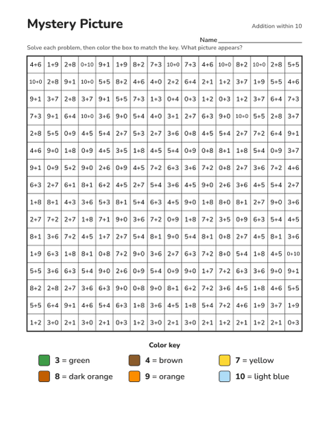 Addition within 10 color-by-number worksheet that reveals a pumpkin