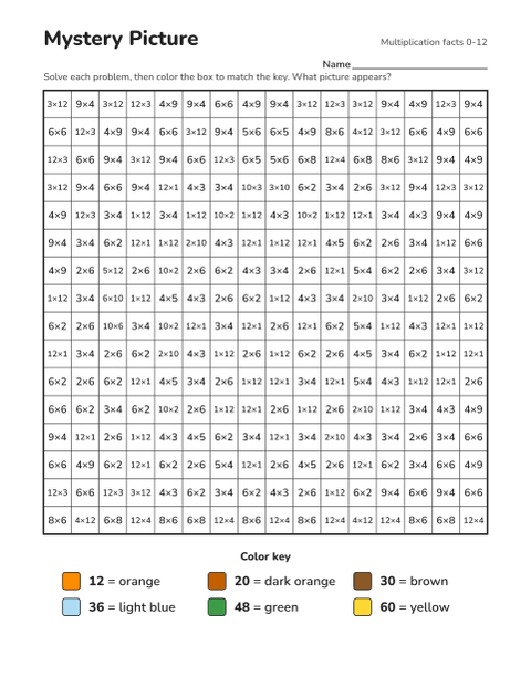 Multiplication facts 0-12 color-by-number worksheet that reveals a pumpkin