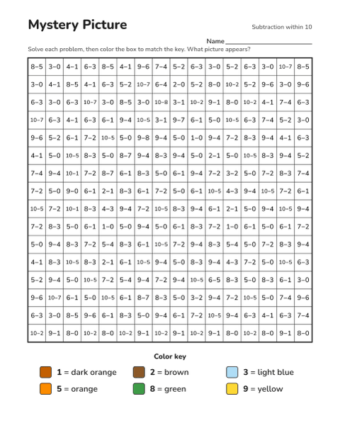 Subtraction within 10 color-by-number worksheet that reveals a pumpkin