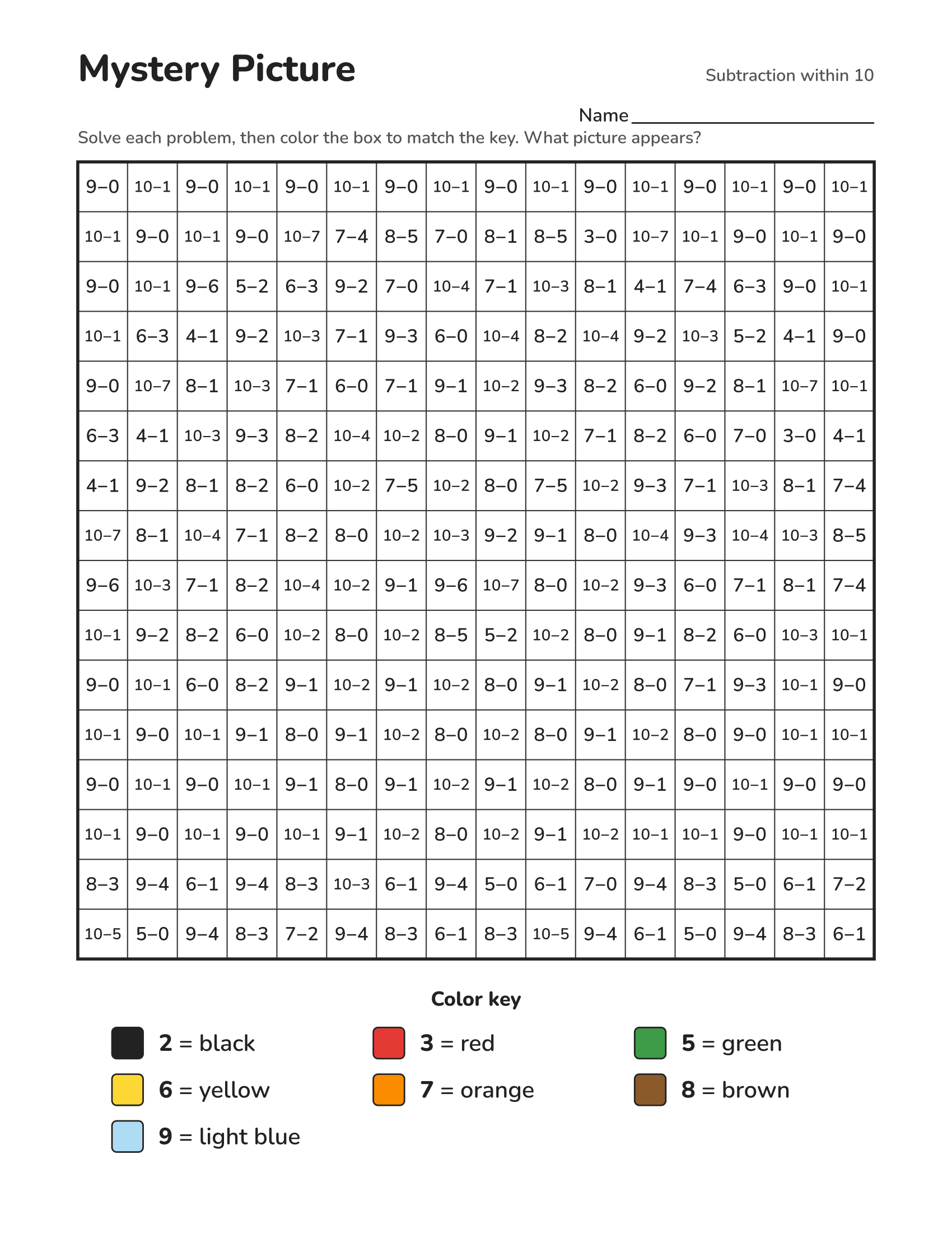 Subtraction within 10 color-by-number worksheet that reveals a turkey