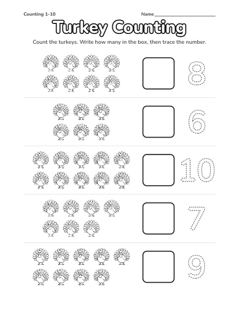 Turkey counting worksheet: groups of 6 to 10 turkeys, a box to write each number and a number to trace