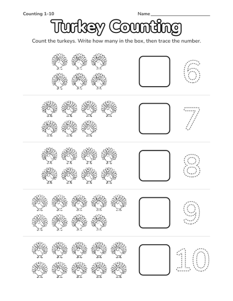 Turkey counting worksheet: groups of 6 to 10 turkeys, a box to write each number and a number to trace
